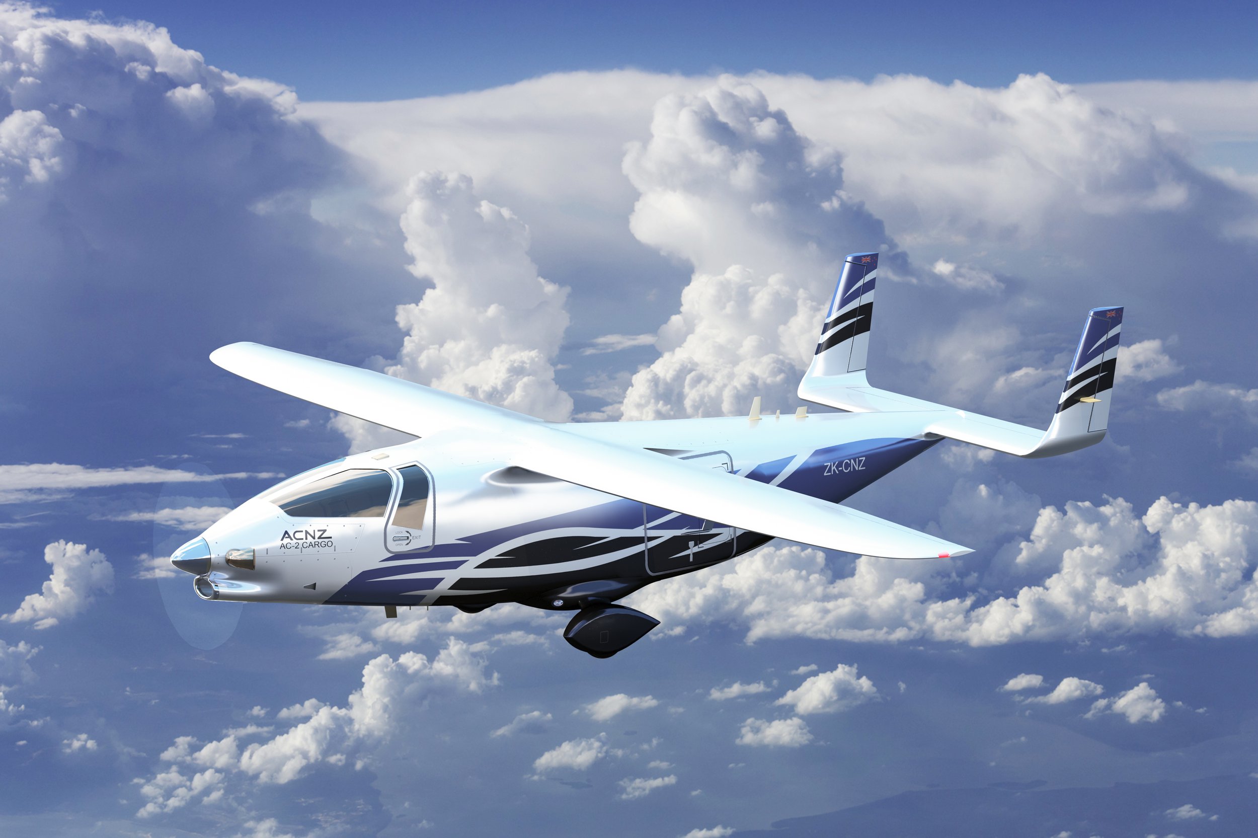 AC-2 full-carbon regional cargo aircraft, registration ZK-CNZ, in flight above cloud