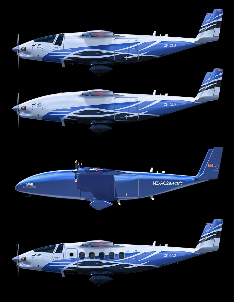 Profile line-up of AC-2 AveniQ configurations: crewed cargo, autonomous cargo, hydrogen / electric and 19-passenger