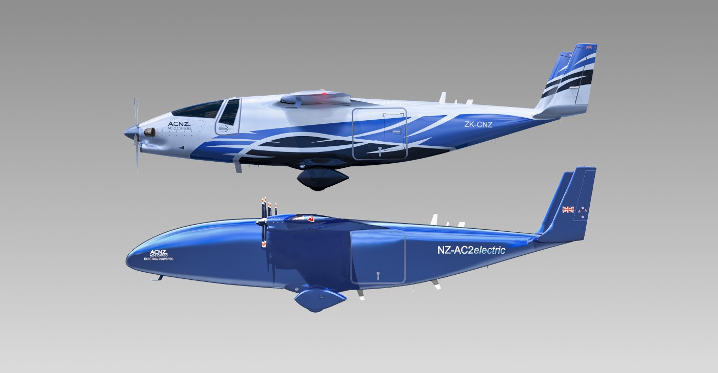 Side-by-side profile comparison of the AC-2 turboprop (ZK-CNZ) and the AC-2Z hydrogen / electric variant (NZ-AC2electric)